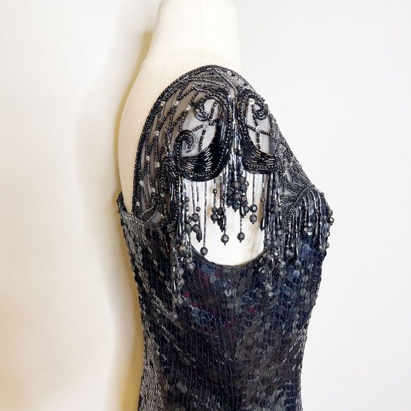 Vintage 90s Size 10 Niteline Sequin Formal Dress Flashy Gown Beaded Fringe - Picture 6 of 8